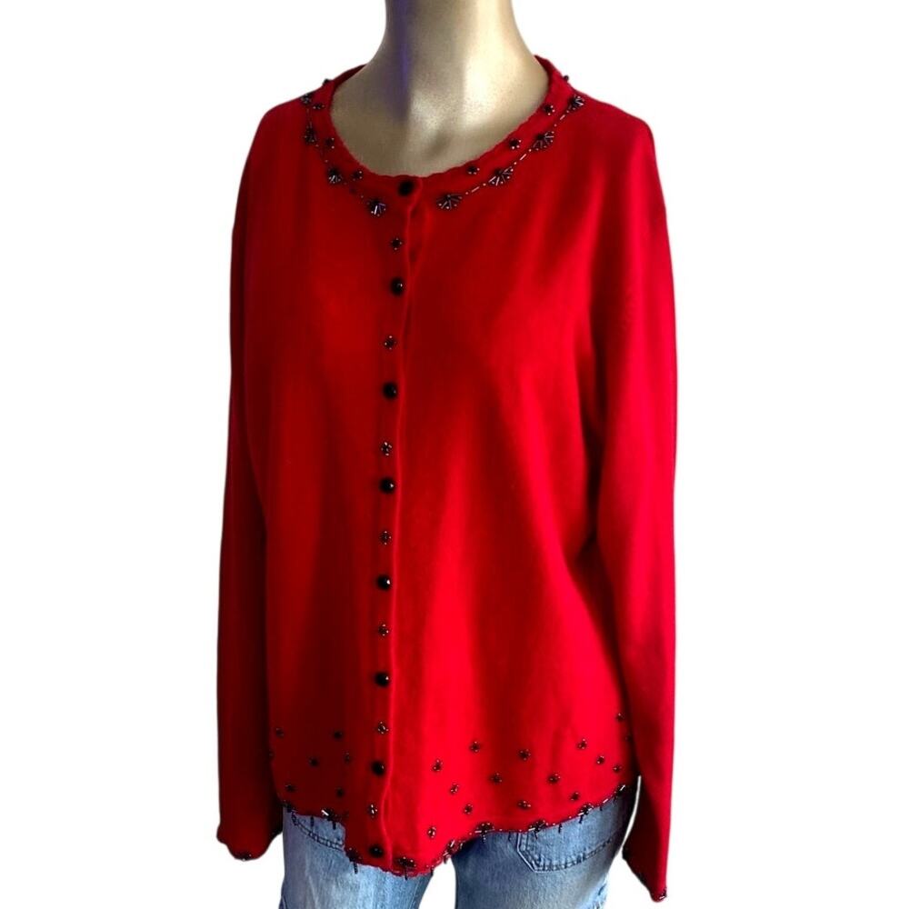 Vintage Kathie Lee Collection Beaded Button Up Cardigan Sweater XL Red